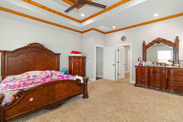 carpeted bedroom with ceiling fan and crown molding