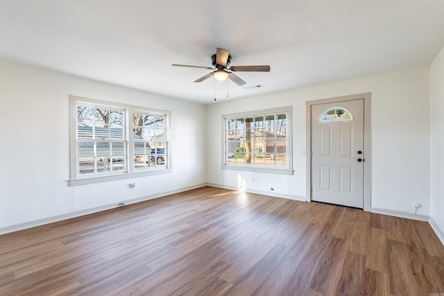 foyer featuring plenty of natural light, ceiling fan, and wood-type flooring