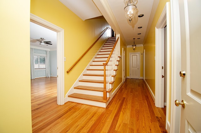 staircase with crown molding, hardwood / wood-style floors, and ceiling fan