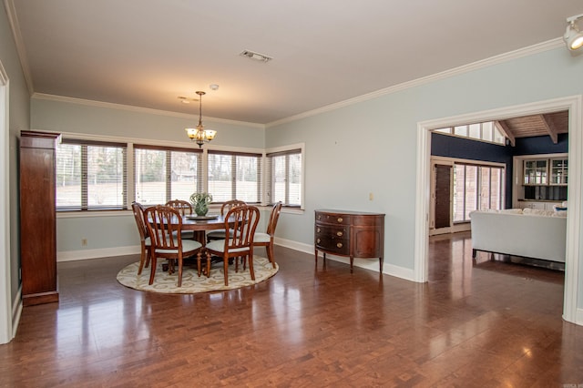 dining space featuring vaulted ceiling with beams, a notable chandelier, a healthy amount of sunlight, and dark hardwood / wood-style flooring