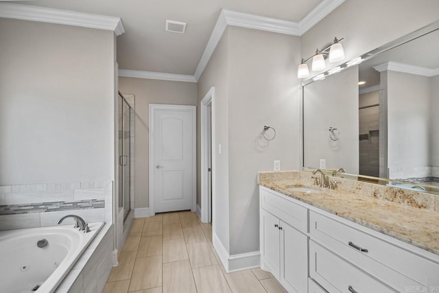 bathroom featuring vanity, crown molding, and plus walk in shower