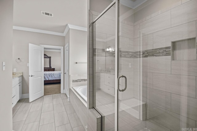 bathroom featuring vanity, separate shower and tub, and ornamental molding