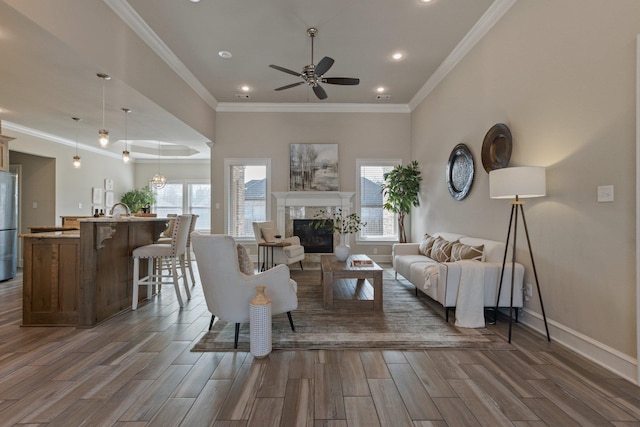 living room with crown molding, ceiling fan, a premium fireplace, and dark hardwood / wood-style floors