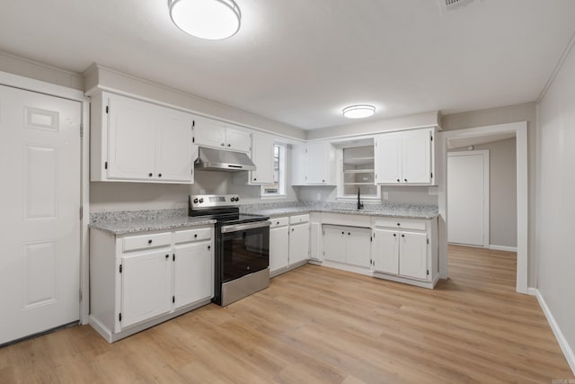 kitchen featuring white cabinets, electric stove, sink, light wood-type flooring, and light stone counters