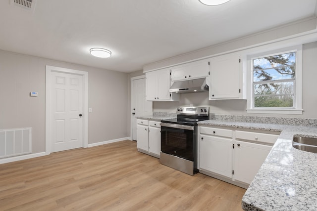 kitchen featuring light stone countertops, sink, light hardwood / wood-style floors, stainless steel electric stove, and white cabinets