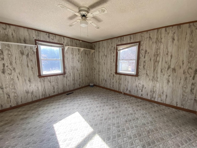 carpeted empty room featuring a wealth of natural light, a textured ceiling, ceiling fan, and ornamental molding