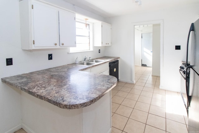 kitchen featuring dishwasher, sink, light tile patterned floors, kitchen peninsula, and white cabinets