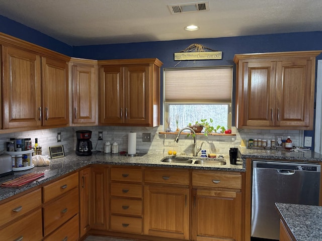 kitchen featuring backsplash, dark stone countertops, sink, and stainless steel dishwasher