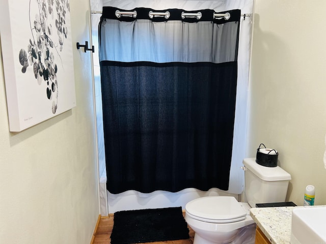 bathroom with vanity, toilet, and curtained shower