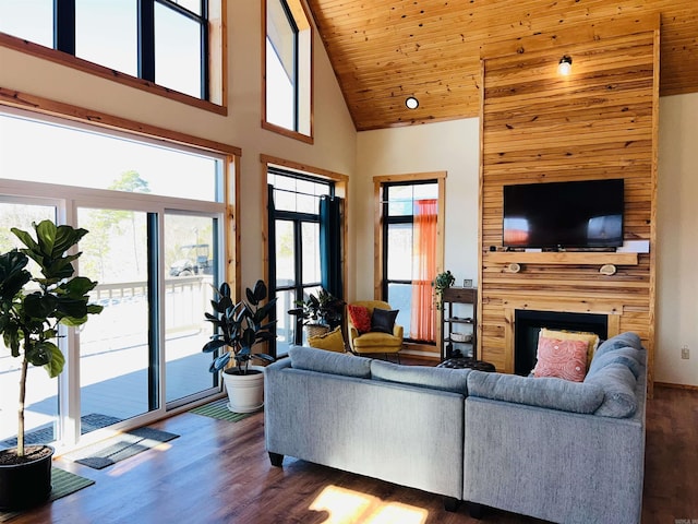 living room featuring dark hardwood / wood-style floors, wood ceiling, a fireplace, and high vaulted ceiling