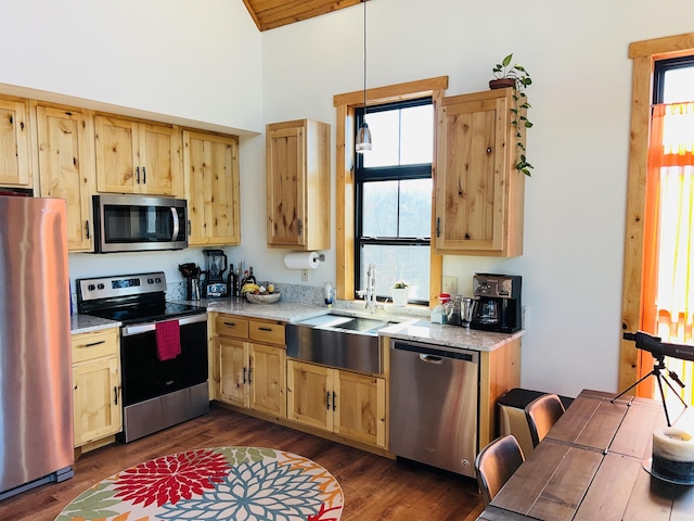 kitchen featuring light stone countertops, sink, stainless steel appliances, dark hardwood / wood-style flooring, and pendant lighting