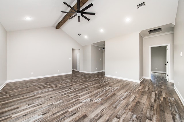 unfurnished living room featuring vaulted ceiling with beams, dark hardwood / wood-style flooring, and ceiling fan