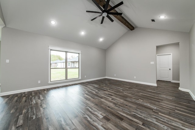 unfurnished living room featuring vaulted ceiling with beams, ceiling fan, and dark hardwood / wood-style flooring