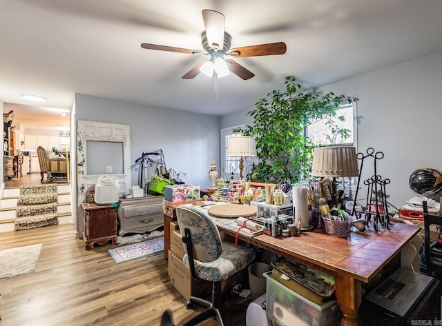 home office featuring ceiling fan and light hardwood / wood-style flooring