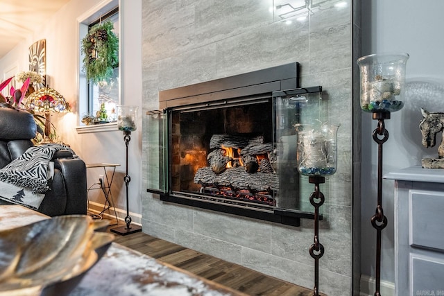 room details with wood-type flooring and a tile fireplace