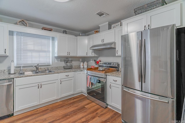 kitchen featuring white cabinetry, sink, wood-type flooring, and appliances with stainless steel finishes