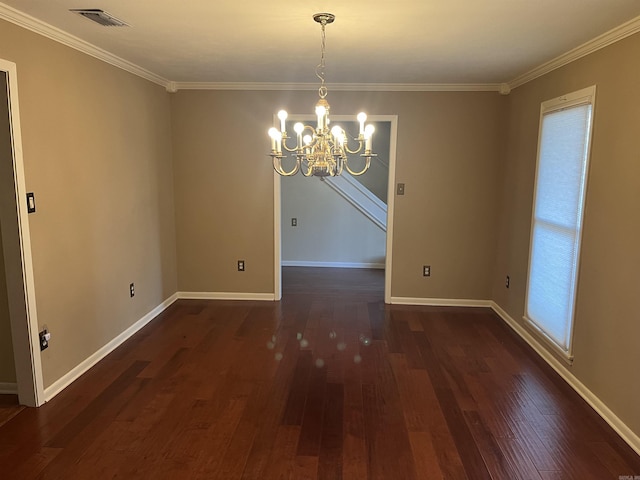 unfurnished dining area with crown molding, dark hardwood / wood-style flooring, and a chandelier