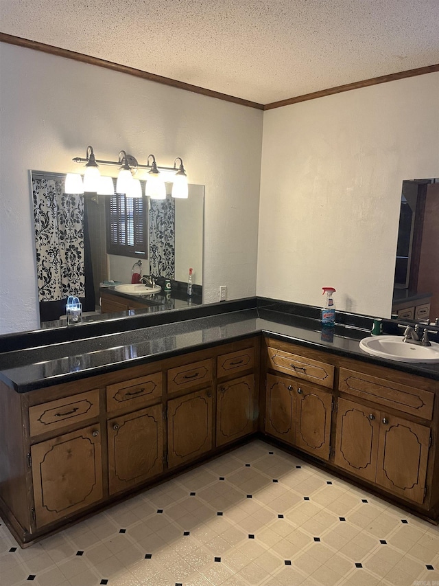 bathroom featuring crown molding, vanity, and a textured ceiling