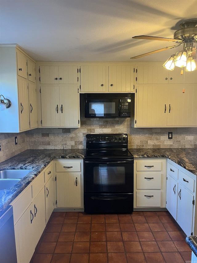 kitchen featuring ceiling fan, sink, backsplash, dark stone countertops, and black appliances