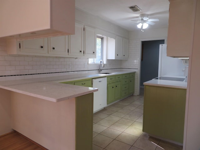 kitchen featuring sink, kitchen peninsula, green cabinets, white appliances, and white cabinets