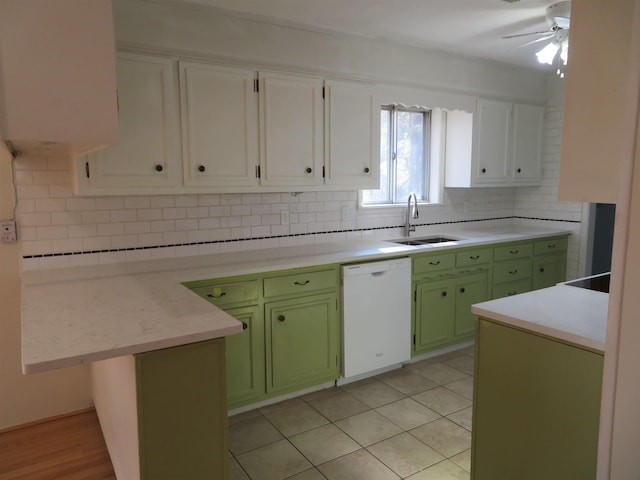 kitchen featuring white cabinetry, sink, green cabinets, white dishwasher, and kitchen peninsula