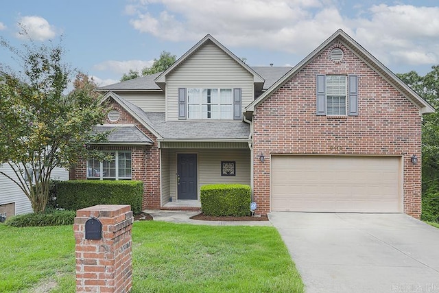 front facade with a garage and a front lawn