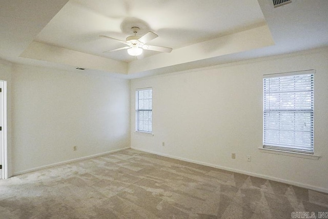 unfurnished room with a raised ceiling and a healthy amount of sunlight