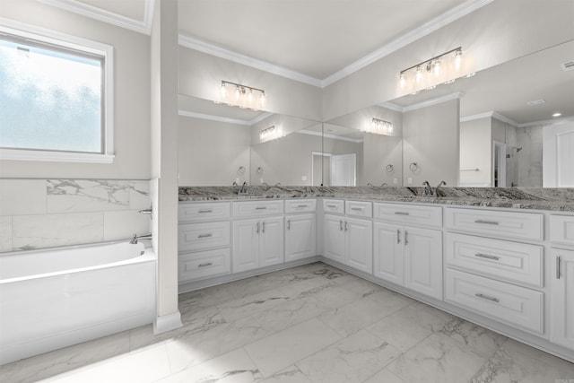 bathroom featuring vanity, independent shower and bath, and ornamental molding