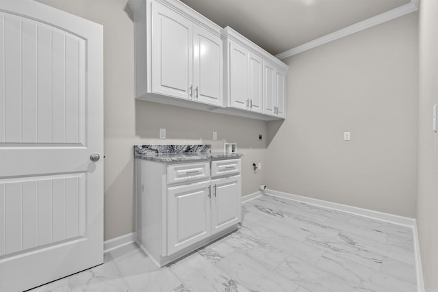 laundry area with cabinets, hookup for an electric dryer, hookup for a gas dryer, crown molding, and hookup for a washing machine