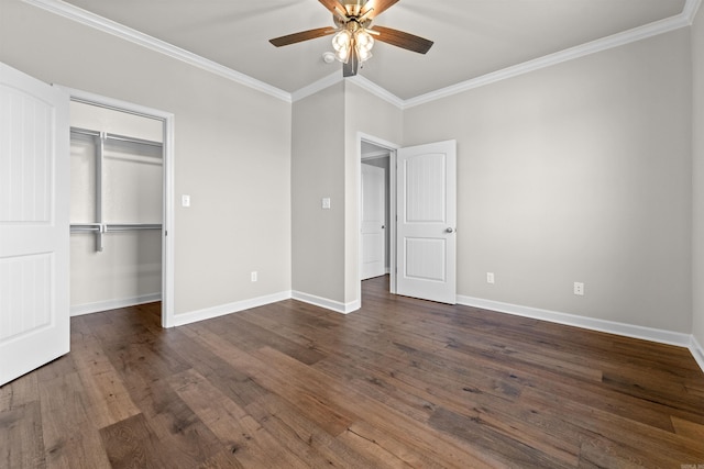 unfurnished bedroom featuring dark wood-type flooring, a closet, ceiling fan, and ornamental molding