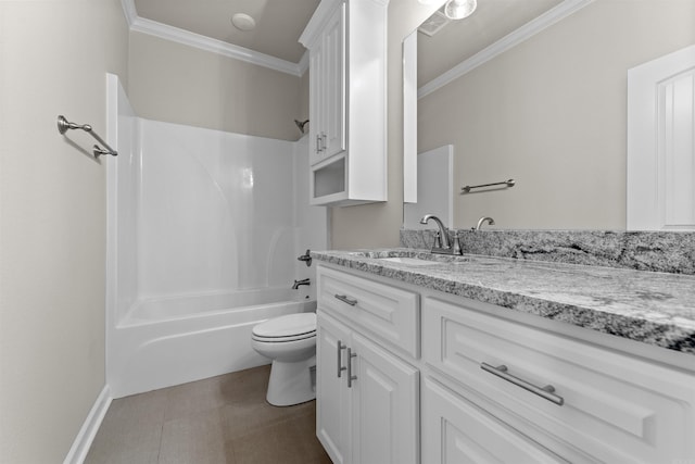 full bathroom with vanity, ornamental molding, bathtub / shower combination, and toilet