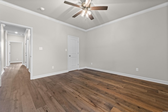 unfurnished room with ceiling fan, dark hardwood / wood-style floors, and ornamental molding