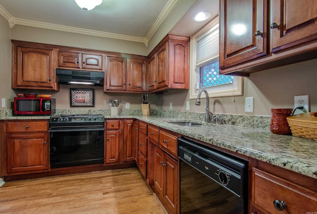 kitchen with sink, light stone counters, crown molding, light hardwood / wood-style floors, and black appliances