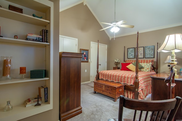 carpeted bedroom featuring ceiling fan, ornamental molding, and high vaulted ceiling