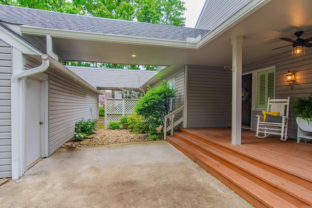 view of patio / terrace with ceiling fan and a wooden deck