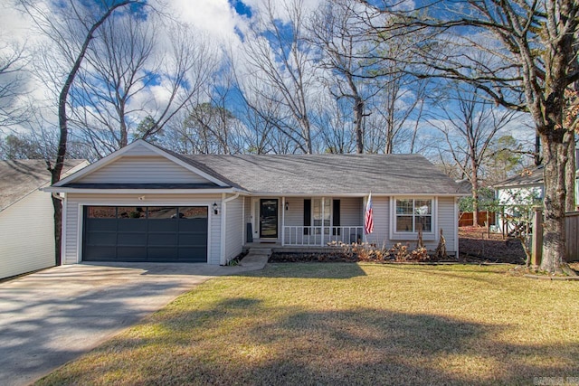 ranch-style home with a front lawn, a porch, and a garage