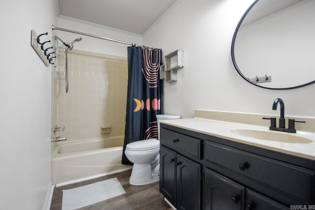 full bathroom featuring hardwood / wood-style floors, vanity, toilet, and shower / tub combo