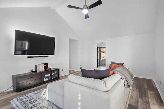 living room with ceiling fan, beam ceiling, wood-type flooring, and high vaulted ceiling