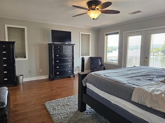 bedroom featuring dark wood-type flooring, access to outside, french doors, ceiling fan, and ornamental molding