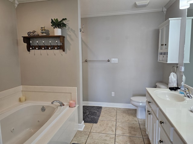 bathroom with tile patterned floors, a washtub, vanity, crown molding, and toilet