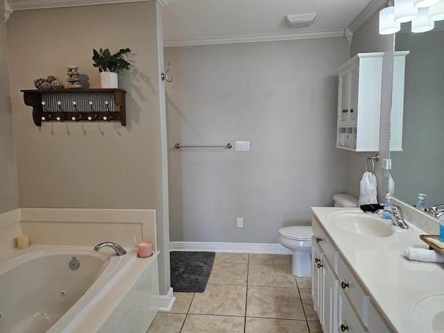 bathroom with vanity, tile patterned flooring, toilet, ornamental molding, and a tub