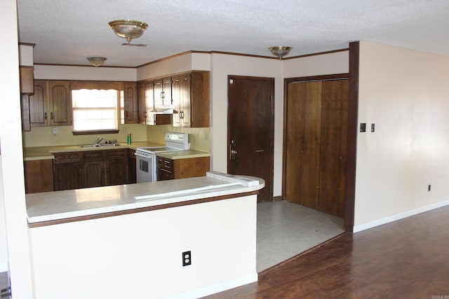 kitchen with electric range, sink, dark hardwood / wood-style floors, kitchen peninsula, and a textured ceiling