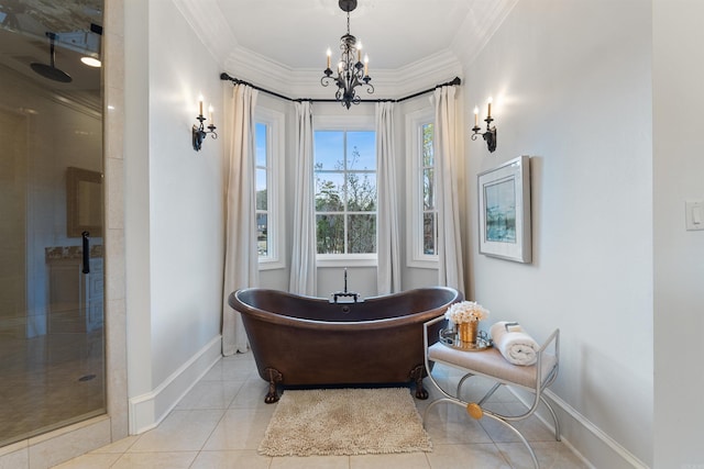 sitting room with crown molding, light tile patterned floors, and a chandelier