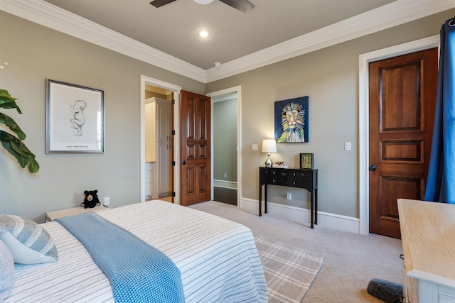 bedroom featuring ceiling fan, light colored carpet, and crown molding