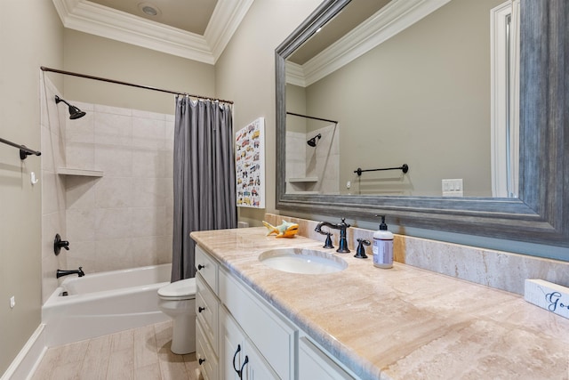 full bathroom with vanity, toilet, ornamental molding, and shower / tub combo