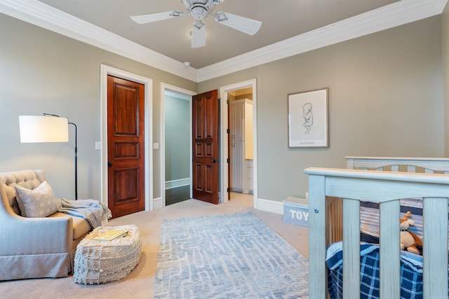 bedroom with light carpet, ceiling fan, and crown molding