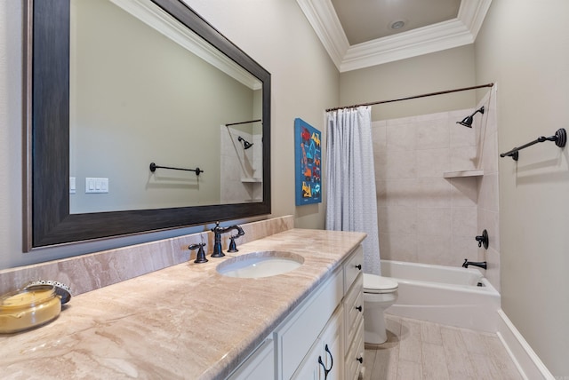 full bathroom with vanity, ornamental molding, shower / bath combo, and toilet