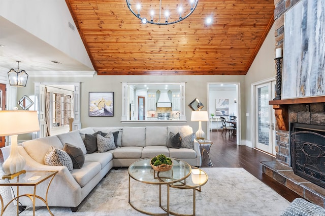 living room with a fireplace, high vaulted ceiling, wooden ceiling, and wood-type flooring