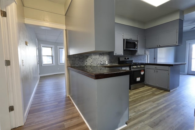 kitchen with gray cabinetry, backsplash, sink, kitchen peninsula, and stainless steel appliances