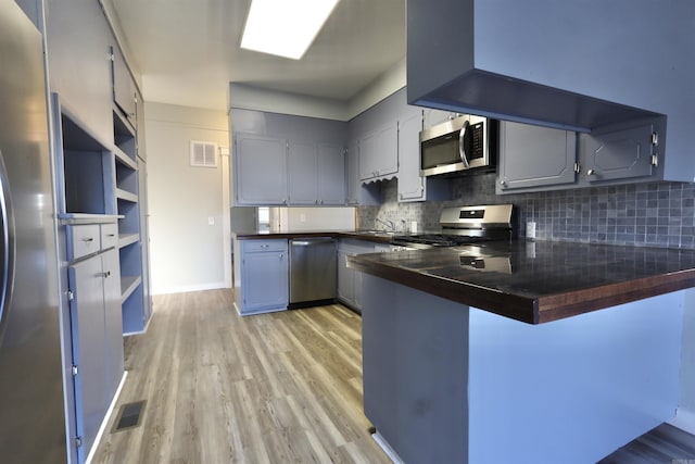 kitchen featuring kitchen peninsula, decorative backsplash, light wood-type flooring, stainless steel appliances, and sink